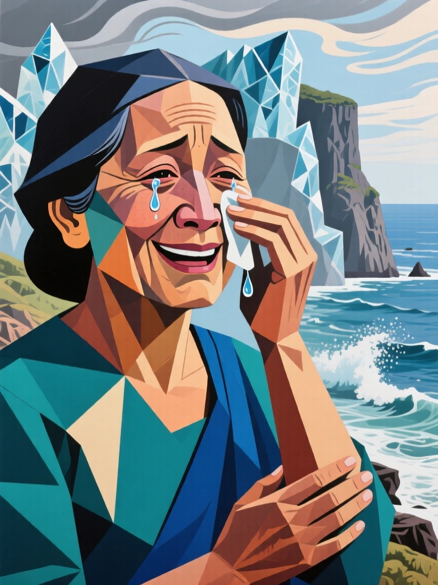 A close-up portrait of a middle-aged woman of Balinese heritage wiping away tears of happiness, on a windswept coastal cliff.