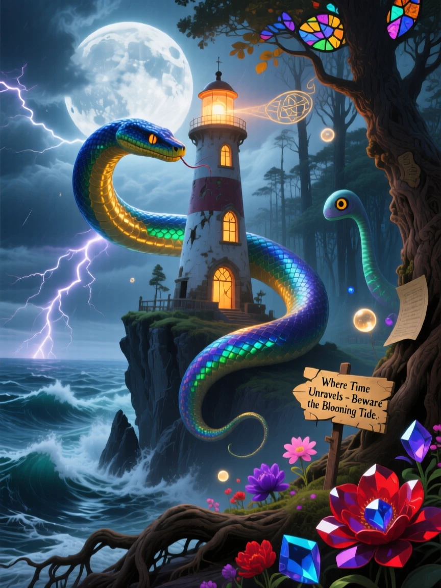 A sea serpent coiling gracefully around a lighthouse in a storm drifts quietly along the edge of a moonlit forest, as flowers bloom instinctively wherever it steps.