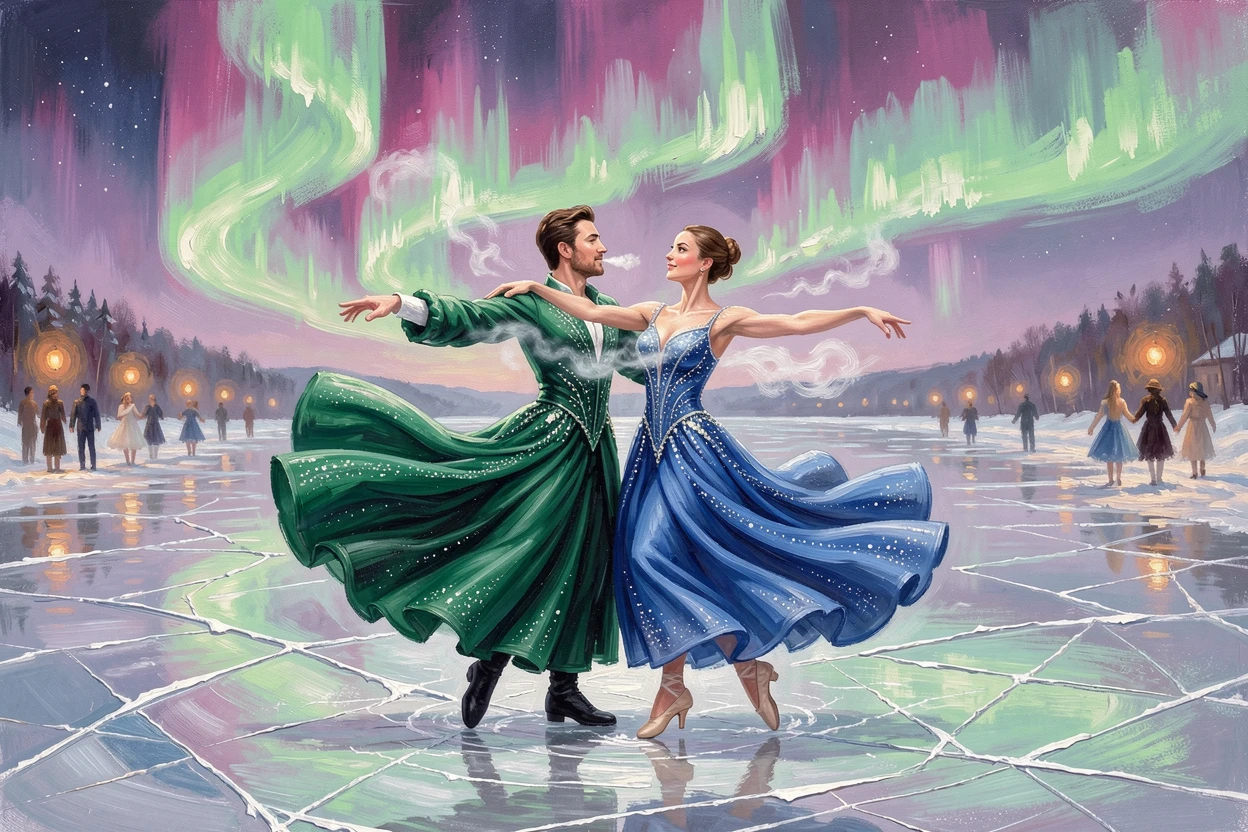A pair of ice dancers glide in perfect unison across a frozen lake beneath the aurora borealis, their breath visible in the cold air, the scene capturing a fleeting, candid moment within a larger ongoing celebration.