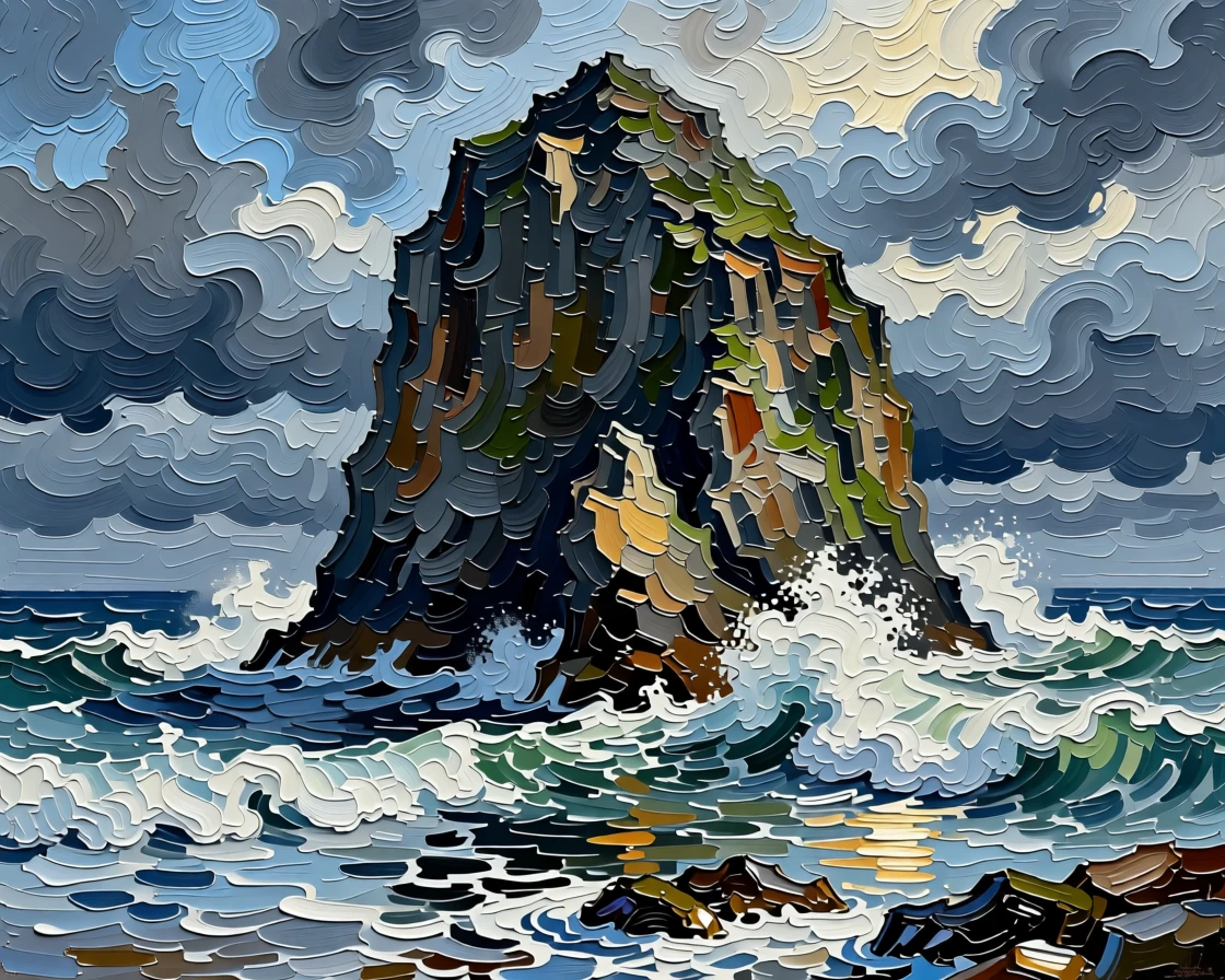 A dramatic sea stack rising from crashing waves along the Oregon coastline