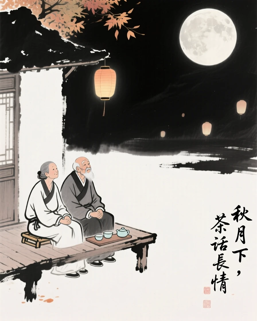 An elderly couple shares tea on their porch beneath the bright autumn moon, as the last lanterns drift slowly out of sight.