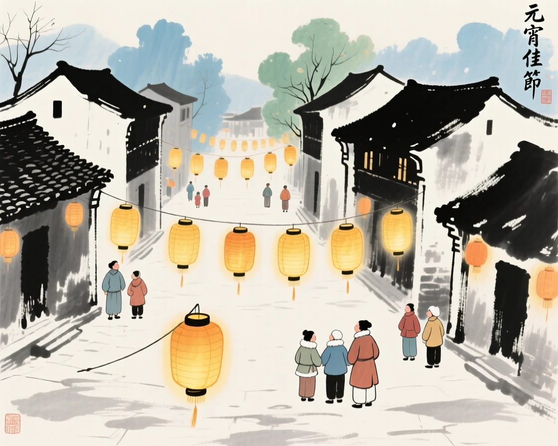 A lantern festival filling a village square with warm golden light, at midday, in the mild days of early winter.