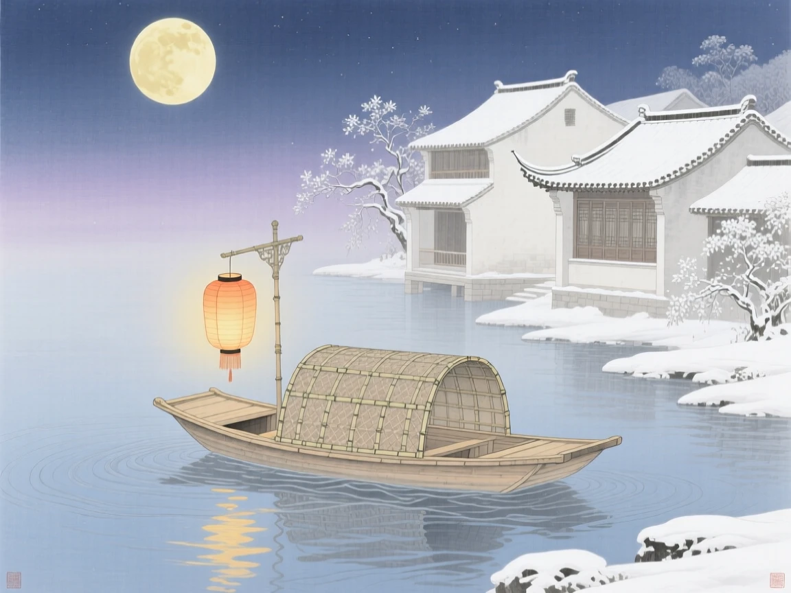 A single lantern boat drifting beneath a full moon, over rooftops dusted with fresh snow