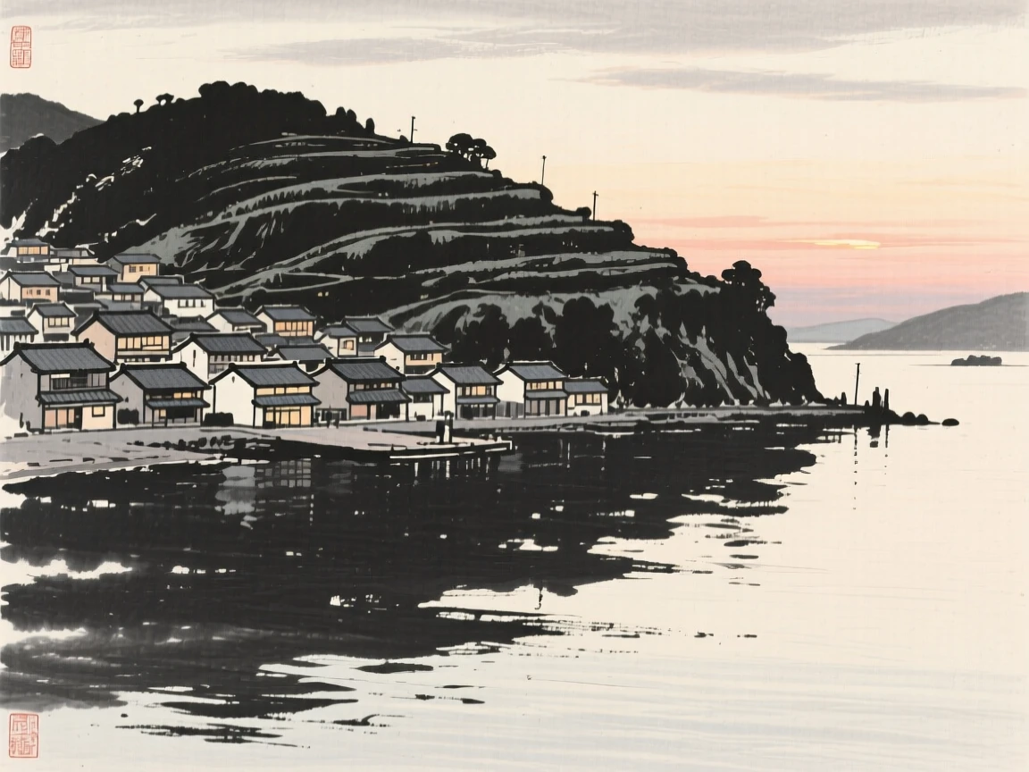 A terraced hillside town at dusk overlooking a calm harbor at dusk, seen from across still water, reflected on the surface, carrying a sense of sacred stillness.