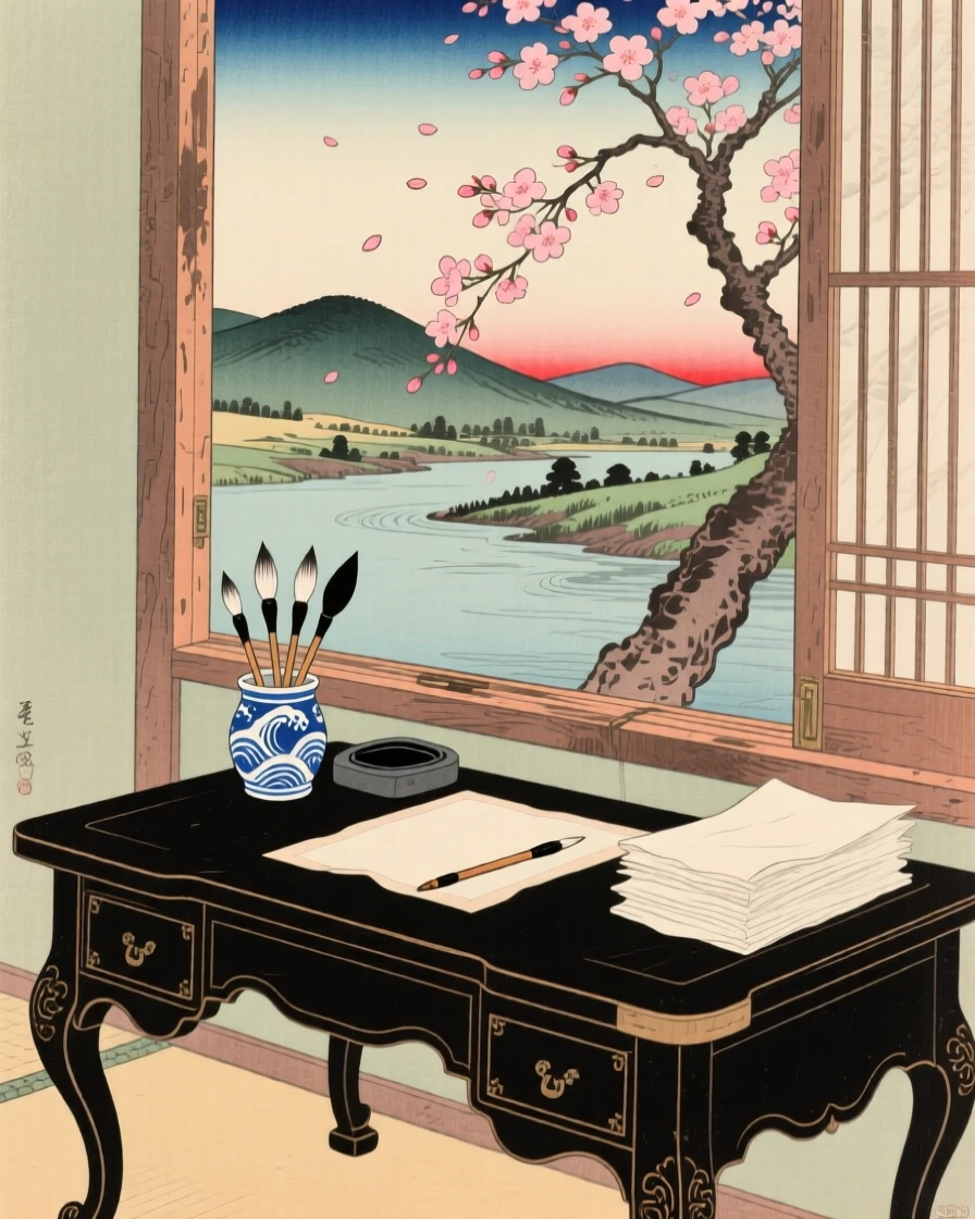 An antique writing desk with ink brushes placed beside an open window.