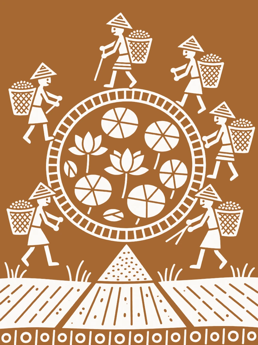 A composition centered on a lotus pond surrounded by farmers carrying baskets of grain.