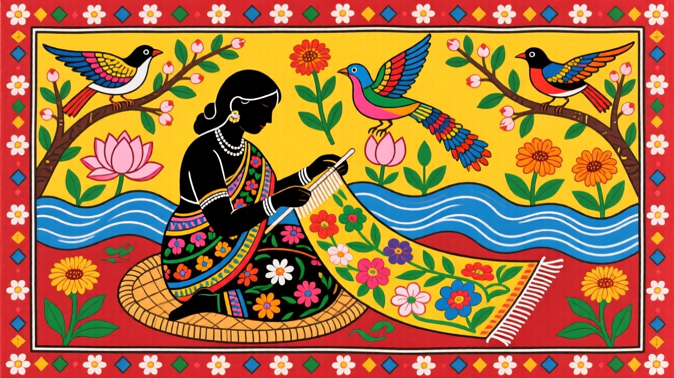 A weaver crafting a tapestry depicting birds, flowers, and rivers.