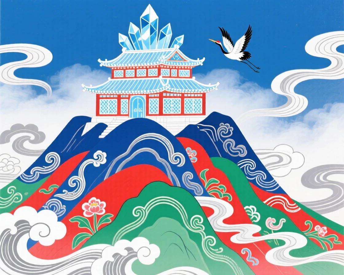 A mountain peak crowned with a palace made of crystal and mist.