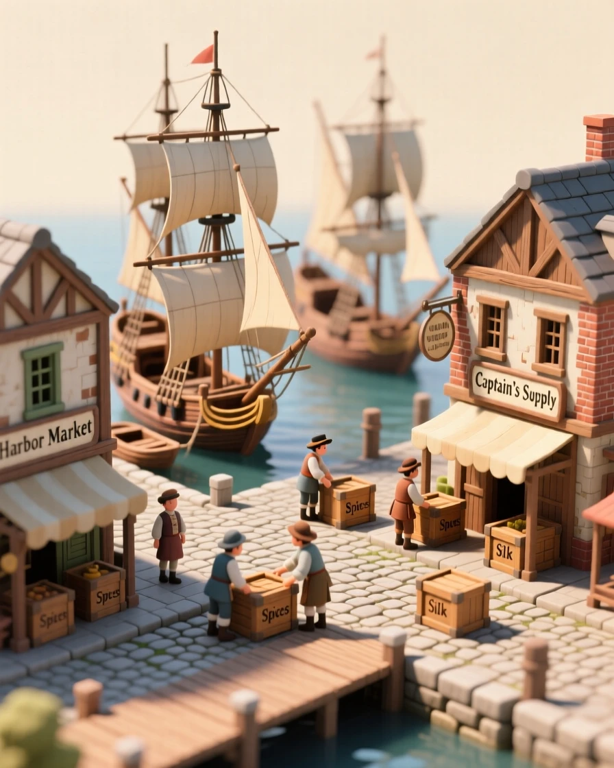 A colonial-era harbor town with tall ships docked, merchants unloading crates, and cobblestone streets bustling with trade.