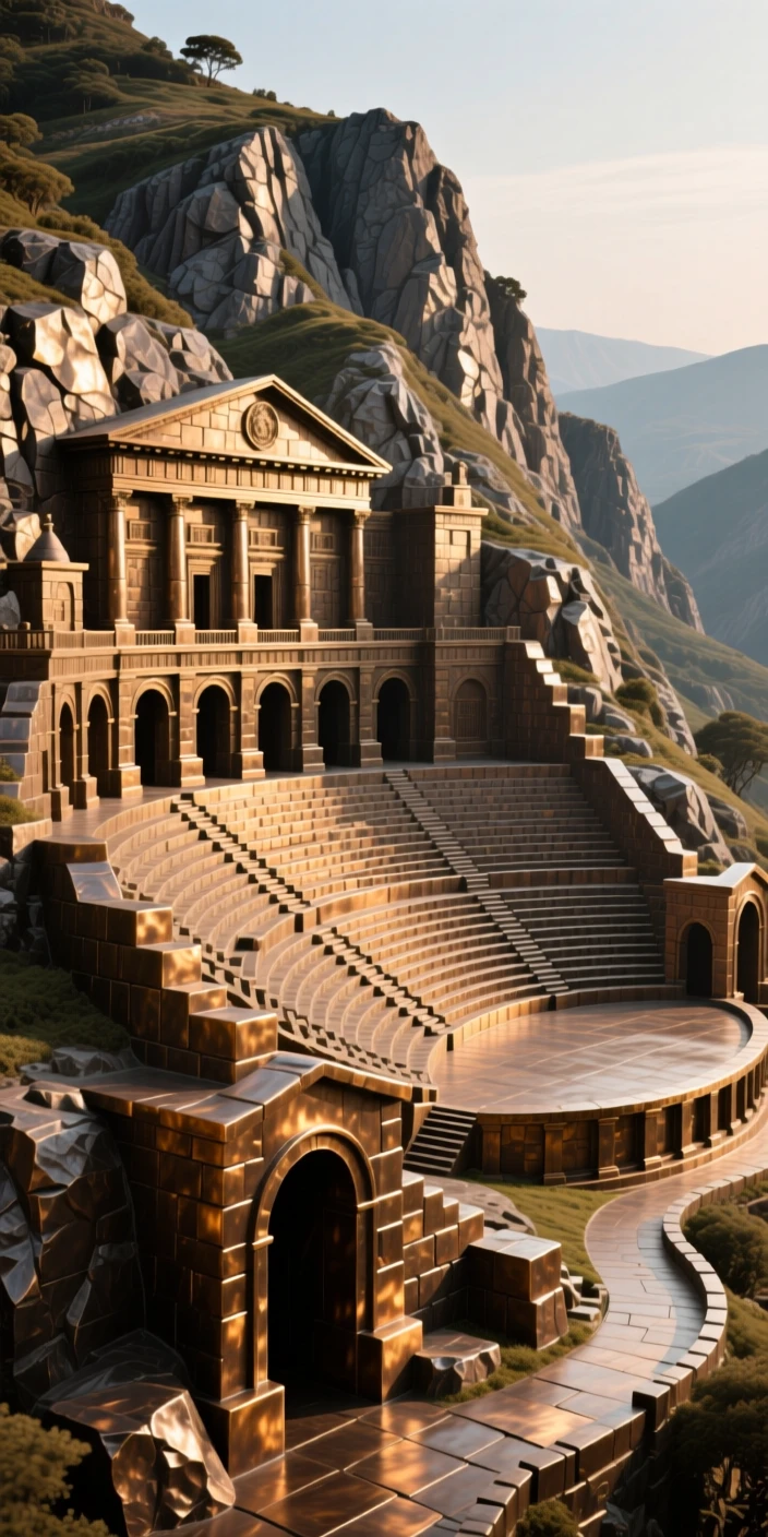 An ancient amphitheater carved into a hillside, captured with dramatic, sweeping perspective, exuding timeless grandeur