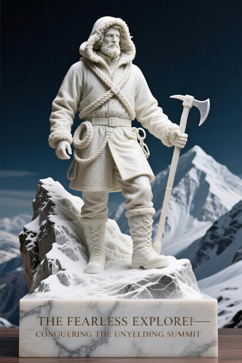 A beautifully composed image of a fearless explorer atop a snowy peak, captured with cinematic depth and detail, full of atmosphere and visual storytelling