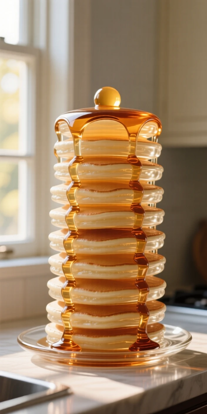 Beside a sunlit kitchen window, a towering stack of pancakes drizzled with syrup