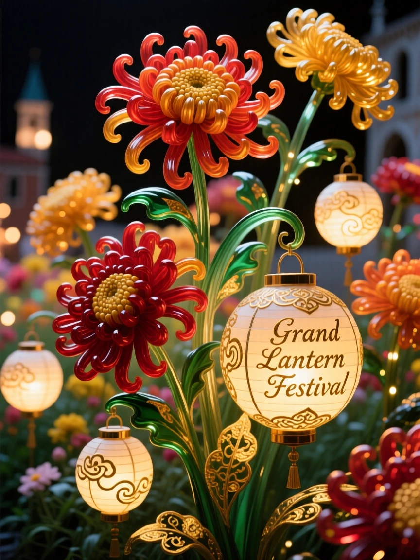 A field of blooming chrysanthemums arranged for a grand lantern festival celebration, festive and radiant.