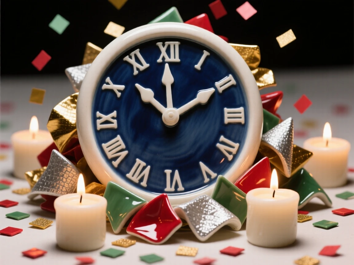 A New Year's clock striking midnight amid confetti arranged as a festive centerpiece, surrounded by warm candlelight, radiating cheerful holiday spirit.