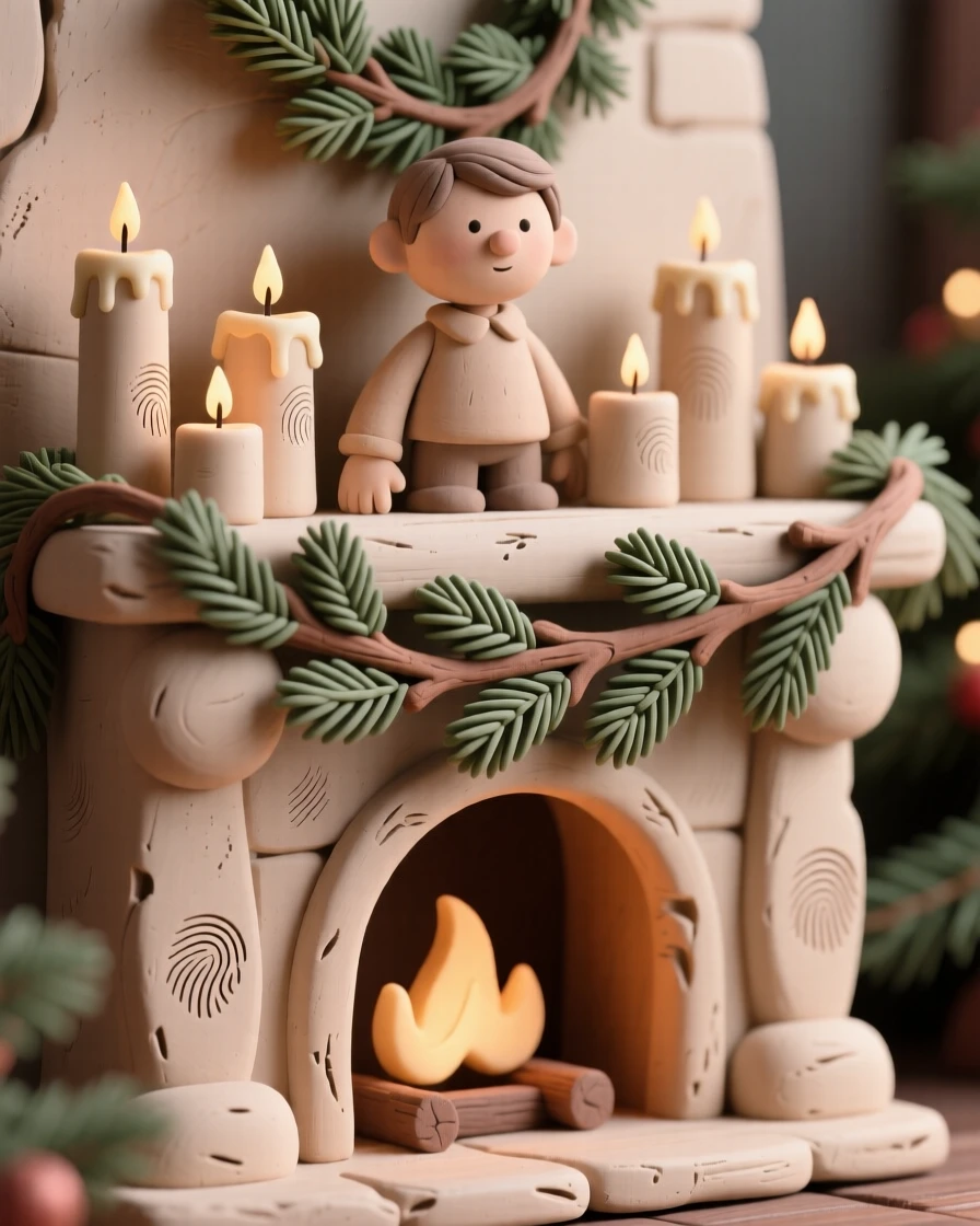 A holiday fireplace mantel decorated with pine boughs and candles