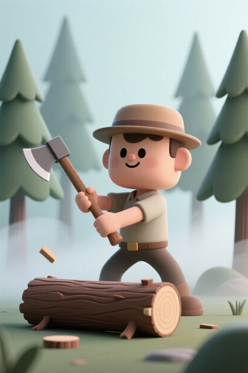 A determined lumberjack swings an axe rhythmically against a fallen log inside a misty pine forest.