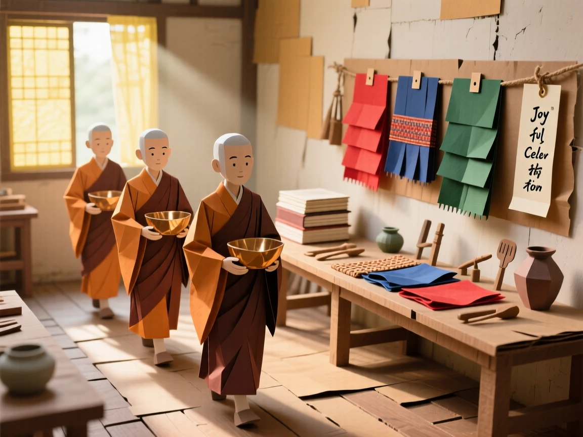 A quiet monk's morning procession set in a sunlit traditional workshop, with vibrant colors and fabrics on display, capturing joyful communal celebration.