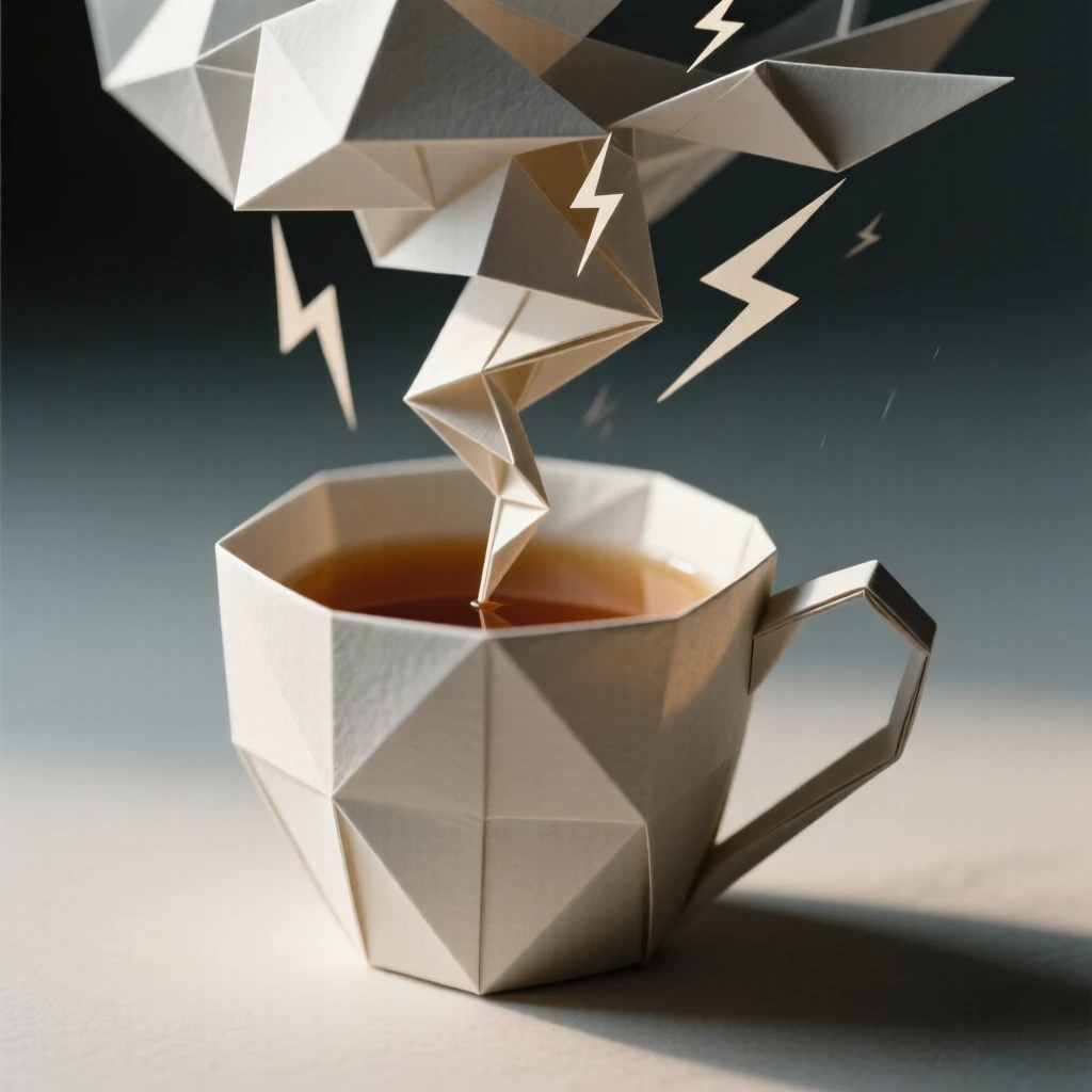A cup of tea with a tiny storm brewing inside it, lightning flickering in the steam.