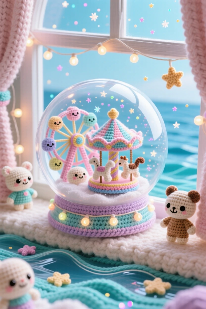 a miniature carnival built inside a giant snow globe, with tiny spinning lights, resting on a cozy windowsill, perched above a calm and glassy sea, with a scattering of stardust in the air, evoking quiet delight in an impossible little world.