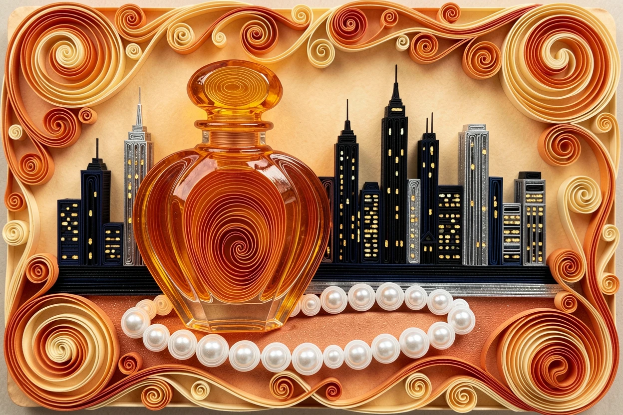 A sophisticated luxury scene of a perfume bottle beside a strand of pearls beside a glittering city skyline at night, with warm amber lighting throughout, framed with an air of quiet, understated elegance.