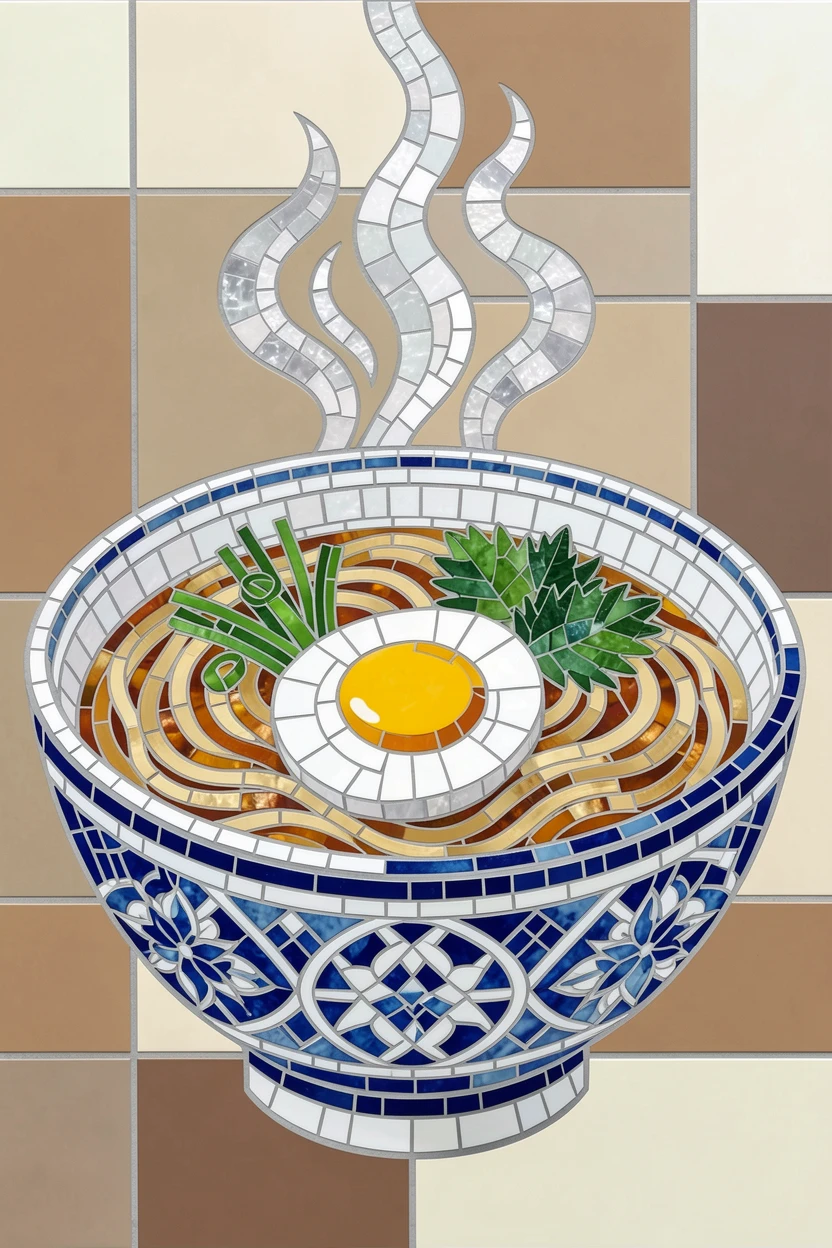 A steaming bowl of ramen topped with a soft egg and fresh herbs.