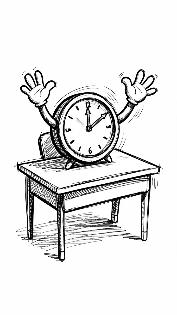 A clock with hands that look like waving arms on a classroom desk.