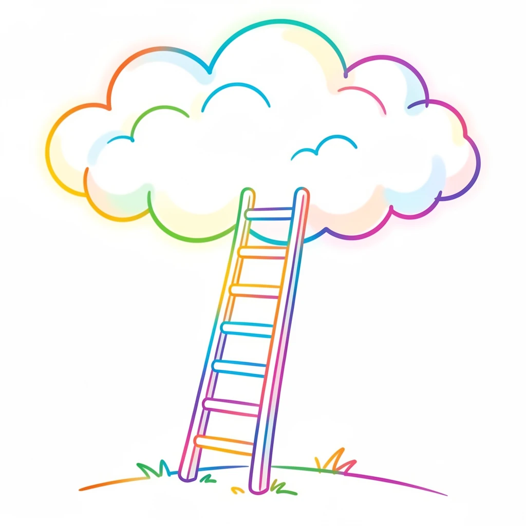 A ladder extending from the ground up into a bank of glowing clouds.