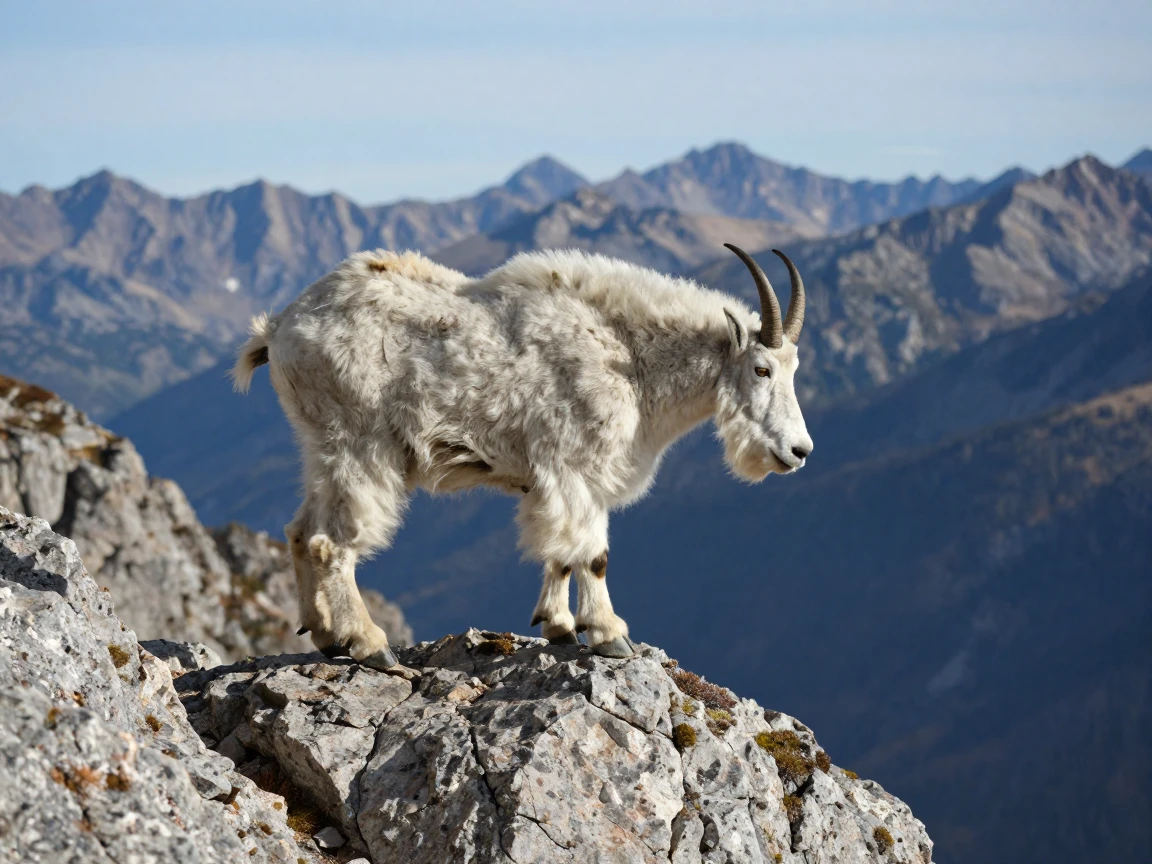 A goat balancing on a rocky outcrop in the mountains