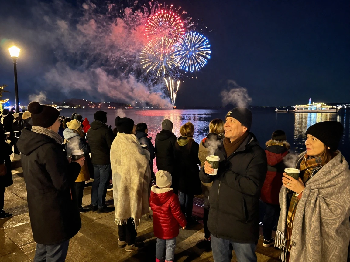 A crowd gathers at midnight to watch the first fireworks of the new year burst over a bay.