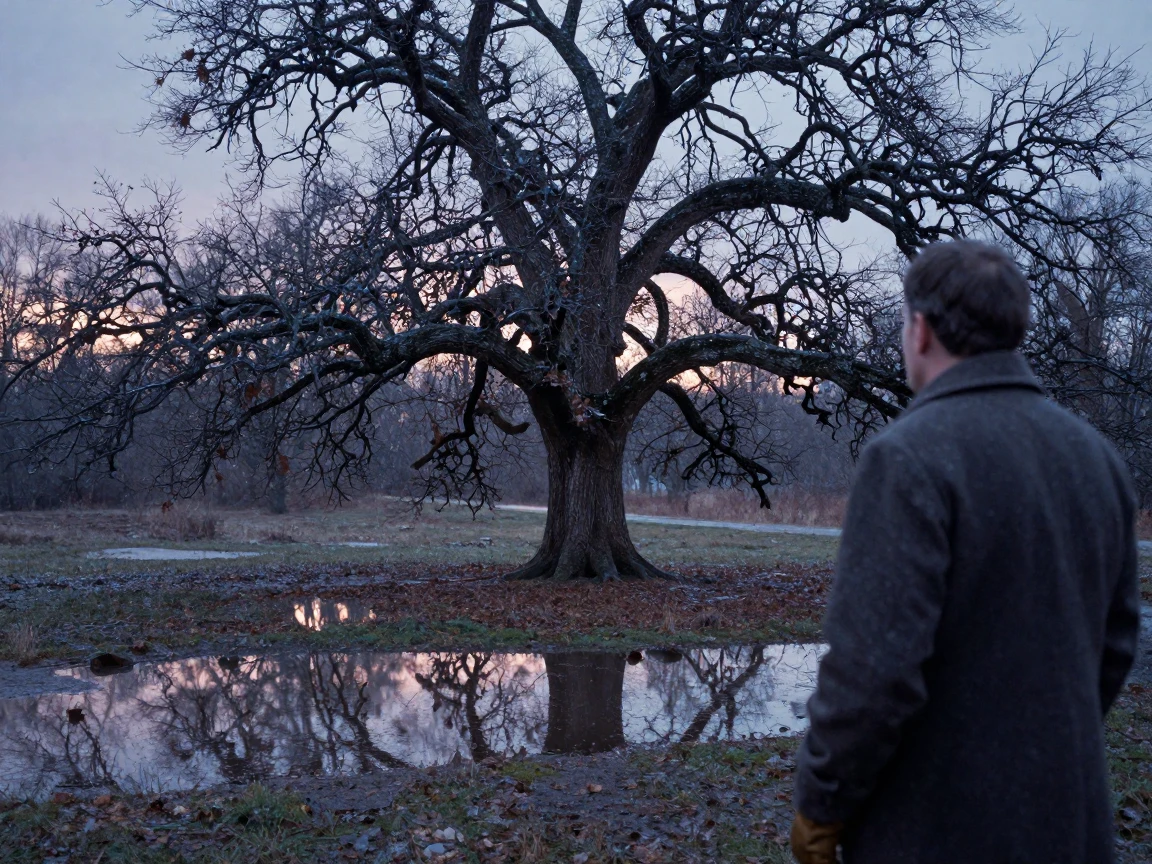 An ancient oak tree standing alone in a quiet clearing, in the last light of dusk, just after a rain shower, with puddles reflecting the sky, under the first snow of winter, in cool blues and silvery greys, over the shoulder of the main subject.