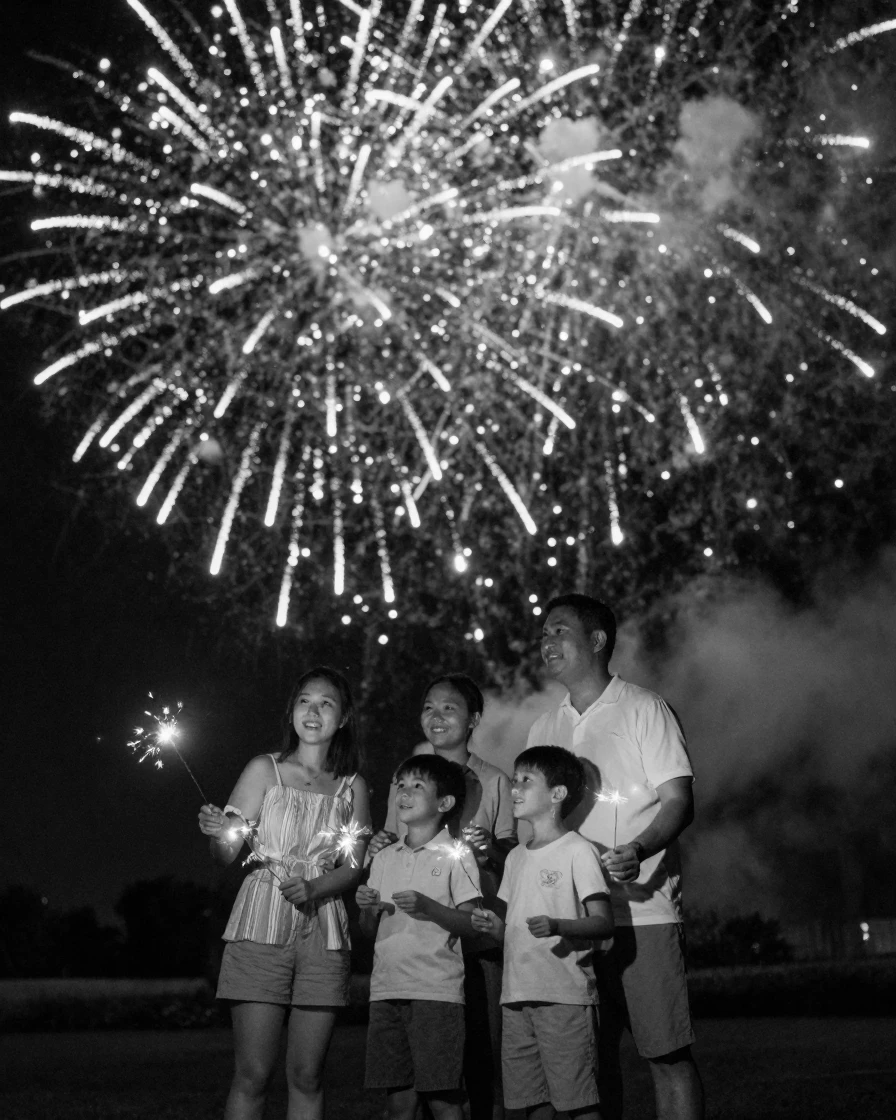 A family lighting fireworks watches the sky burst into color beneath a canopy of fireworks.