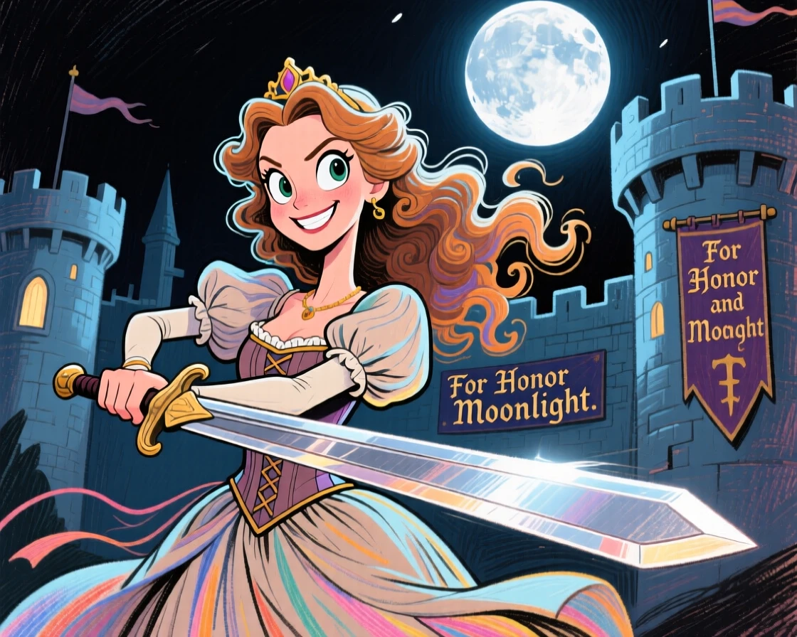 A medieval castle princess secretly training with a sword under the moonlight.