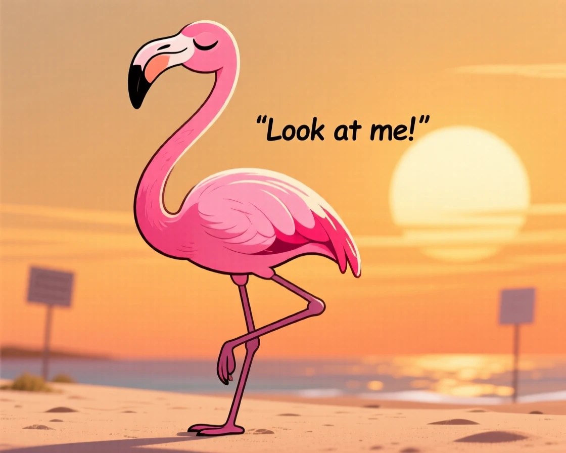 A charming animal moment featuring a sassy flamingo striking a dramatically exaggerated pose, under a warm golden afternoon sun.