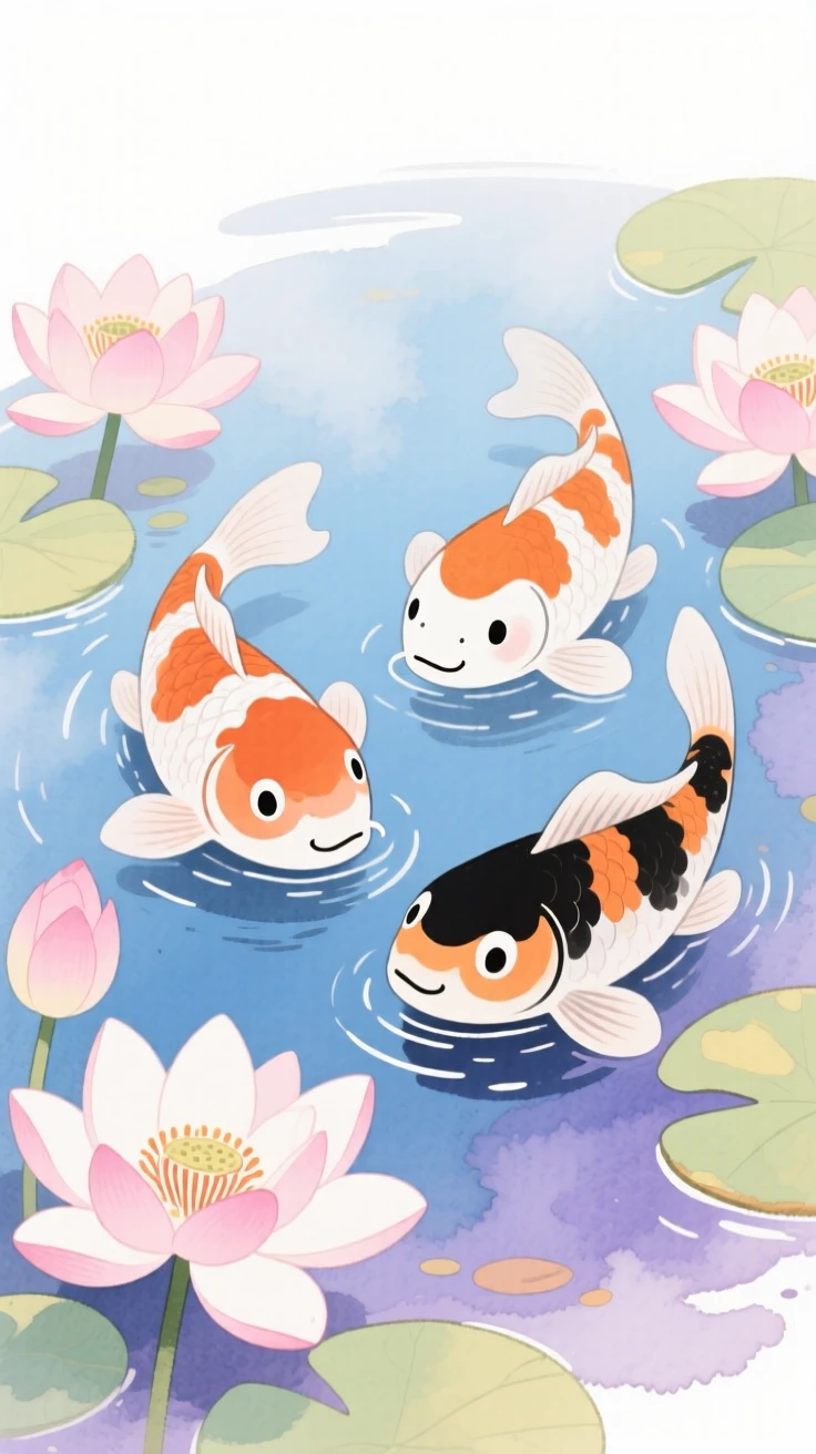A serene landscape of a peaceful koi pond surrounded by blooming lotus flowers wrapped in gentle mist