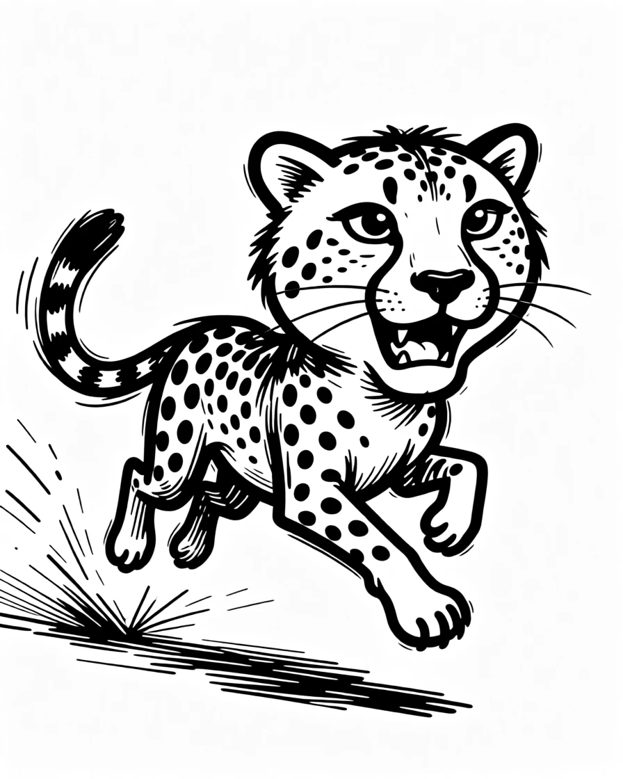A cheetah sprinting at full speed across the golden savanna, dust flying.