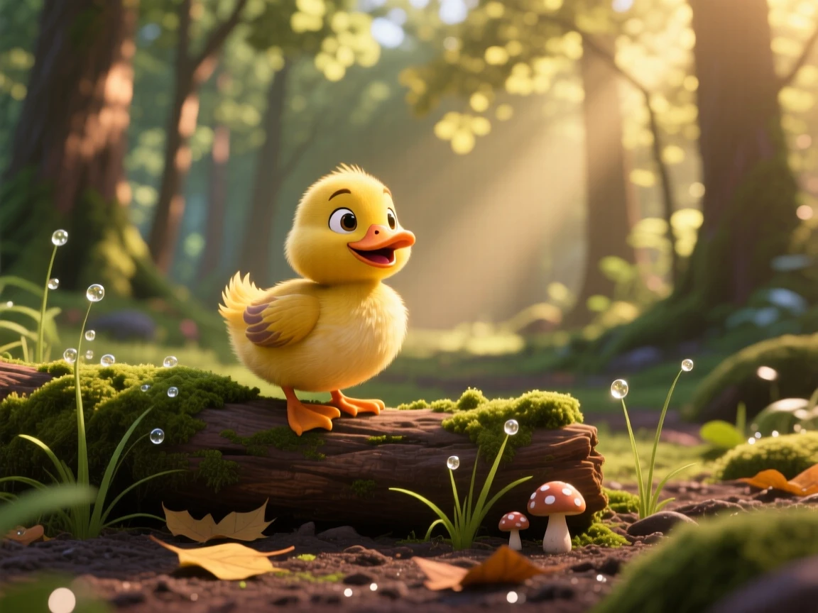 A tiny duckling is perched on a mossy log in a quiet forest, wagging its tail happily. The mood is soft, tender, and endearing, with dew drops glistening nearby.