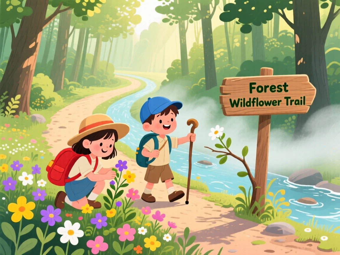 In a winding forest path, a pair of hiking siblings is identifying wildflowers along a forest trail, while a gentle mist rises from the water.
