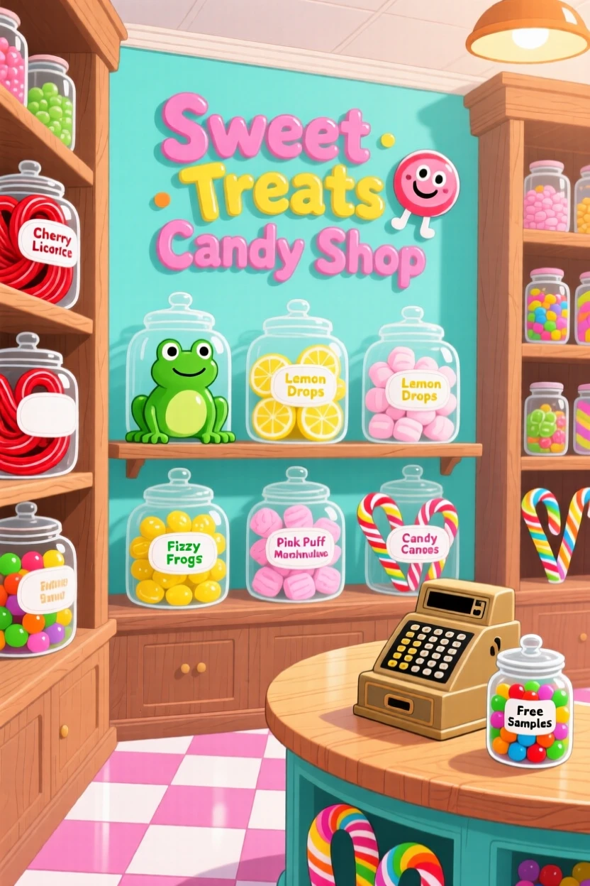A candy shop with jars of colorful sweets lining the walls.