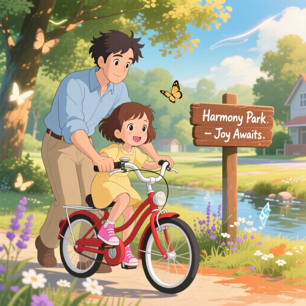 A father teaching his daughter to ride a bicycle, the scene tender and warm.