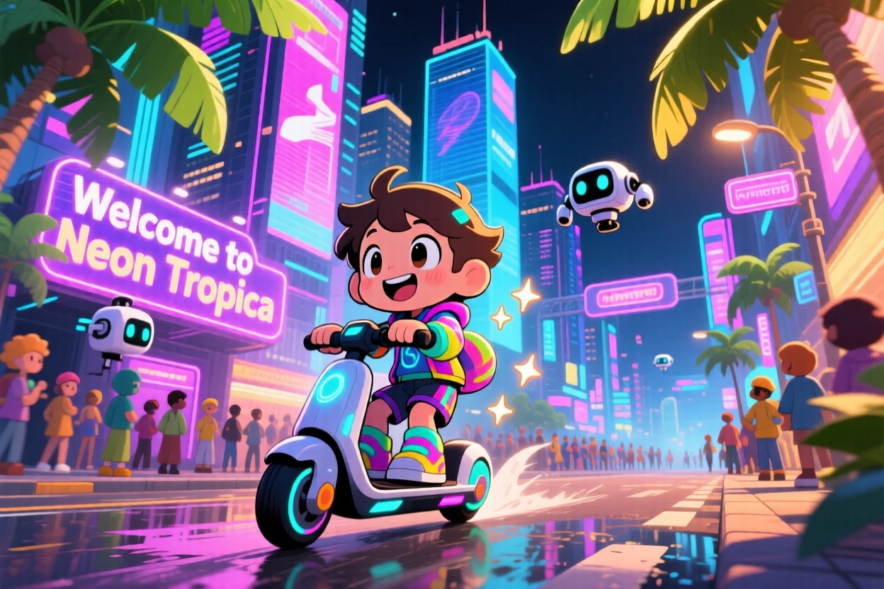 A child riding a hover-scooter through a neon-lit city street in a glowing futuristic cityscape at night on a warm tropical afternoon; warm morning light filtering through leaves washes over the scene as giggling amusement fills the moment. Dynamic diagonal composition.