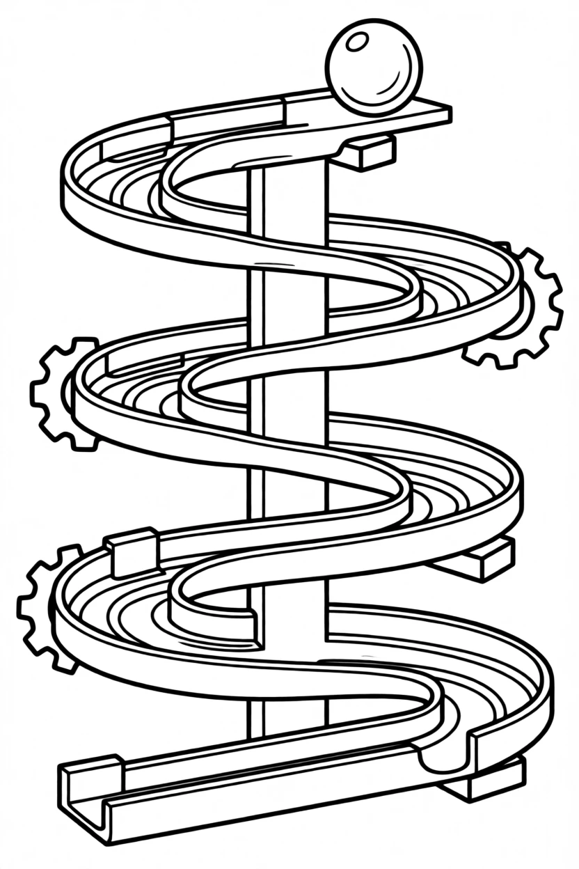 A marble run with colorful tracks winding down