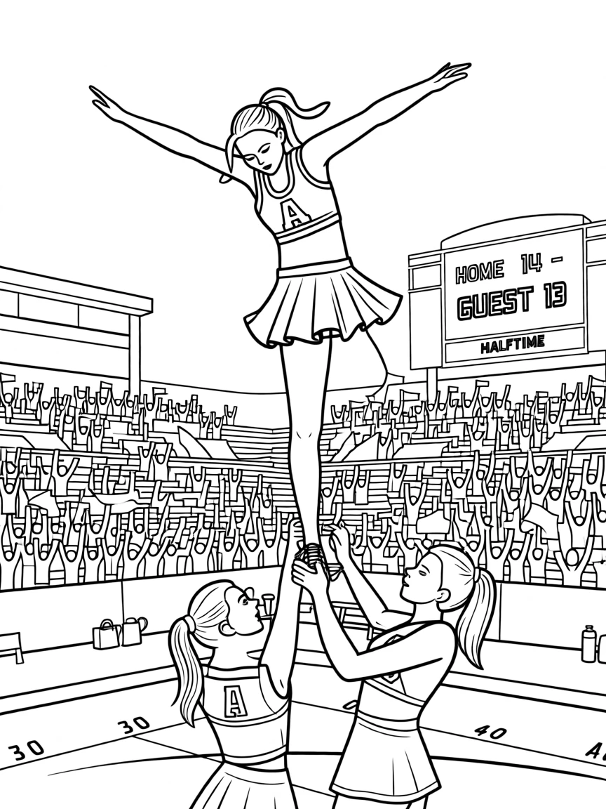 A cheerleader mid-flip during a stunt routine, with a stadium crowd cheering in the background.
