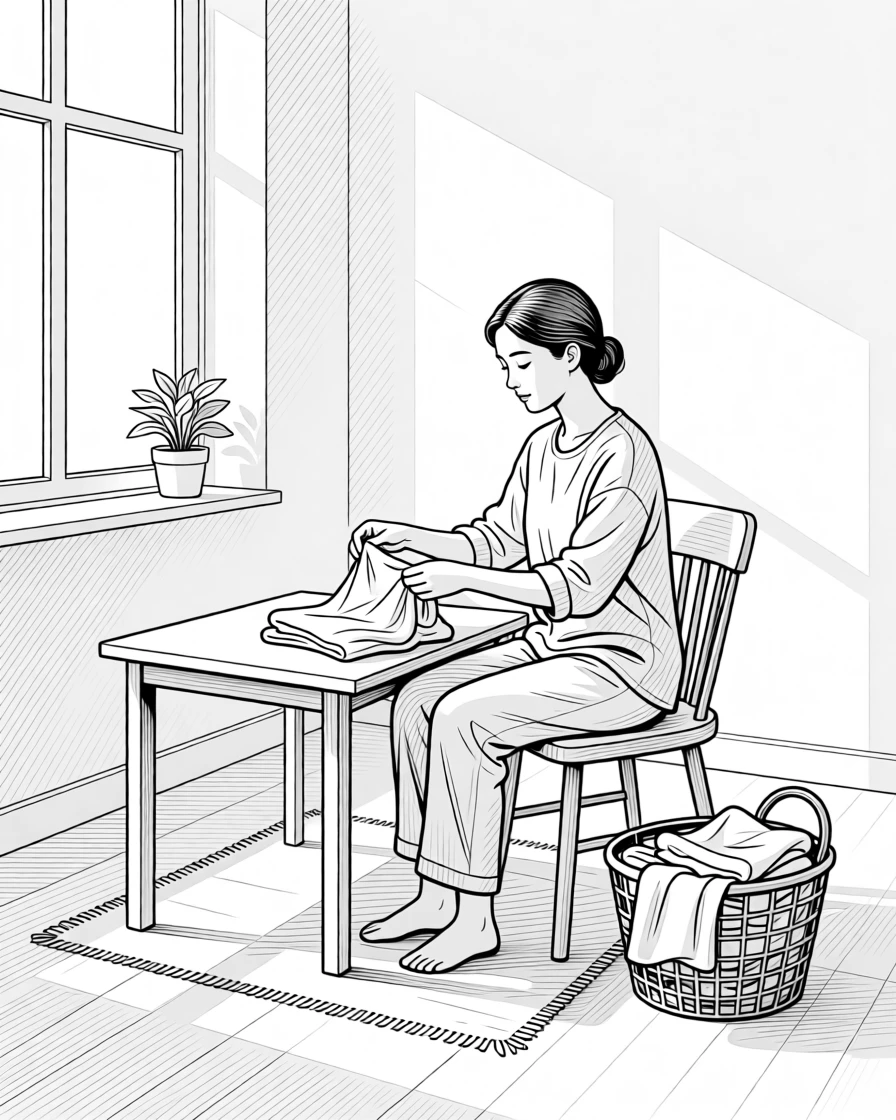 A person folding laundry in a sunlit room