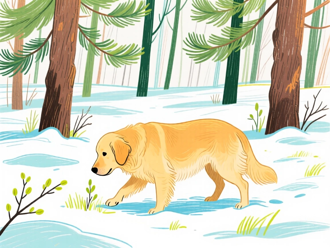 A golden retriever exploring in a snowy pine forest in early spring.