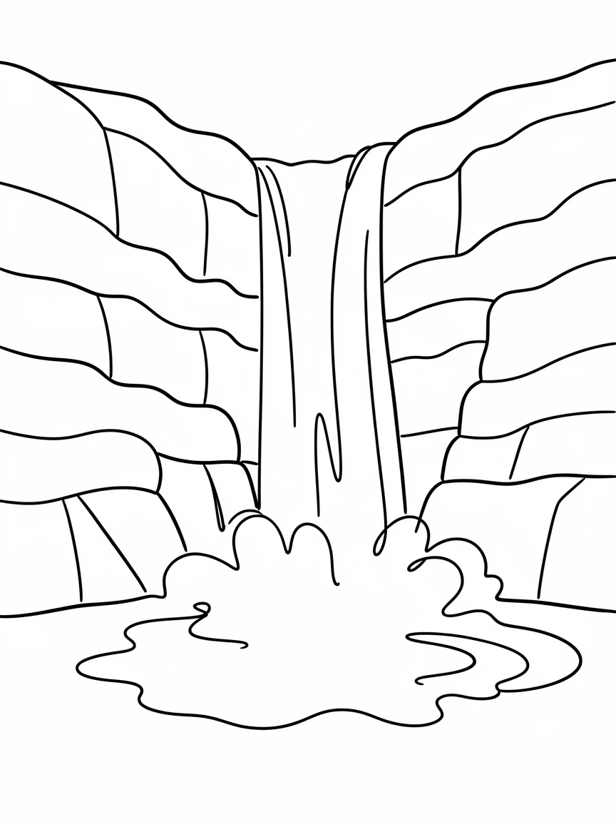 A dramatic waterfall cascading down layered rock cliffs into a misty pool