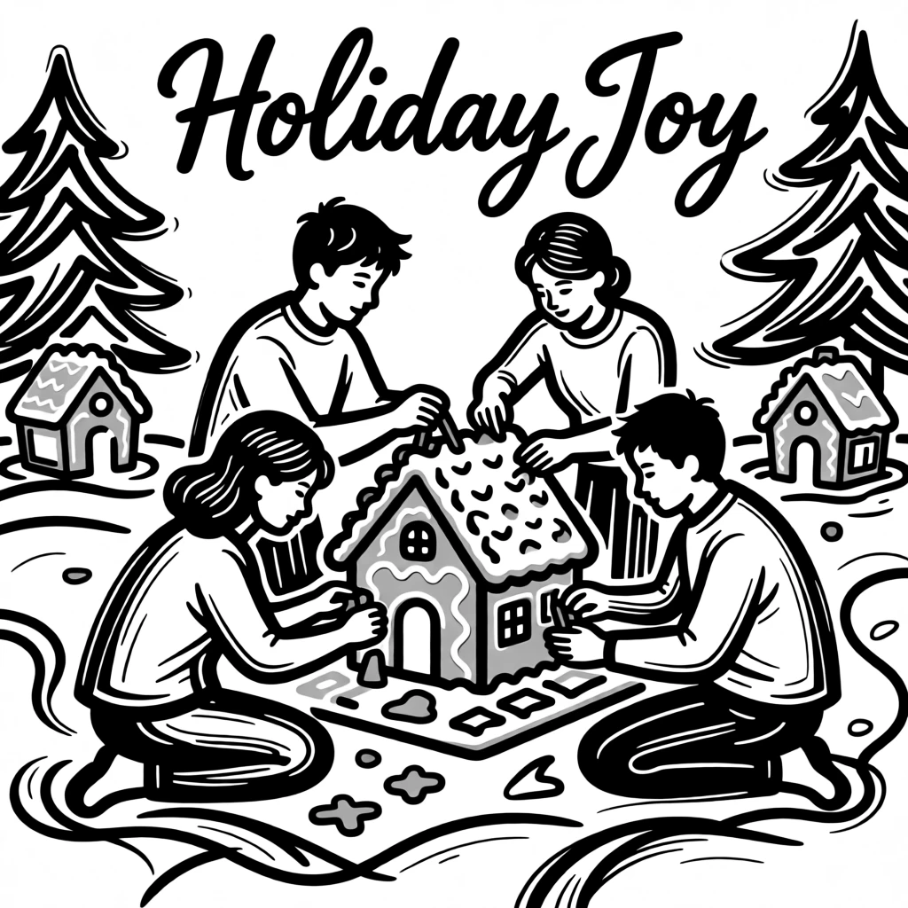 A cozy holiday scene with a family building a gingerbread village together.