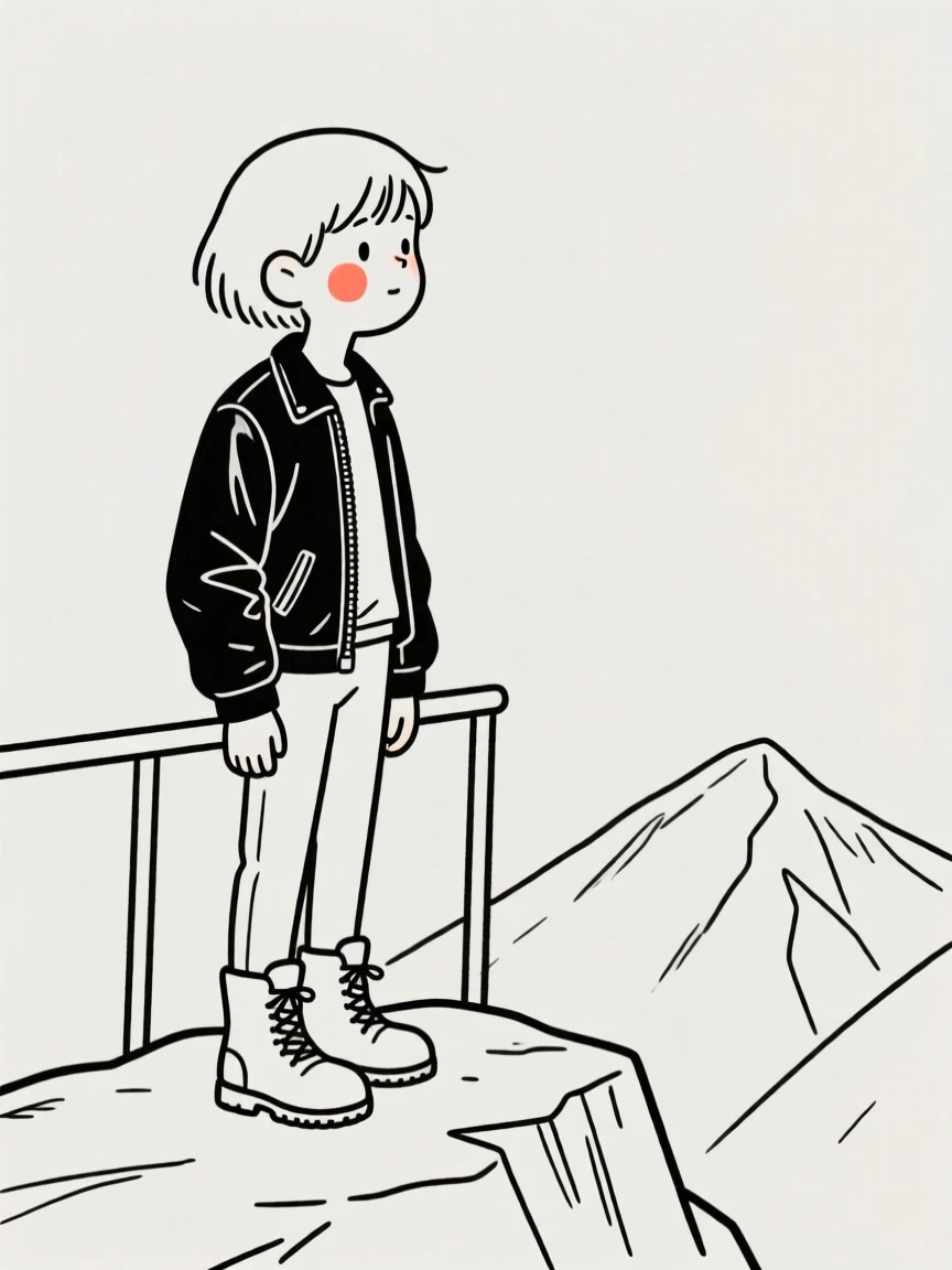 A shy teenager of Russian heritage in a leather jacket and boots, looking hopeful toward the horizon, on a mountaintop overlook.