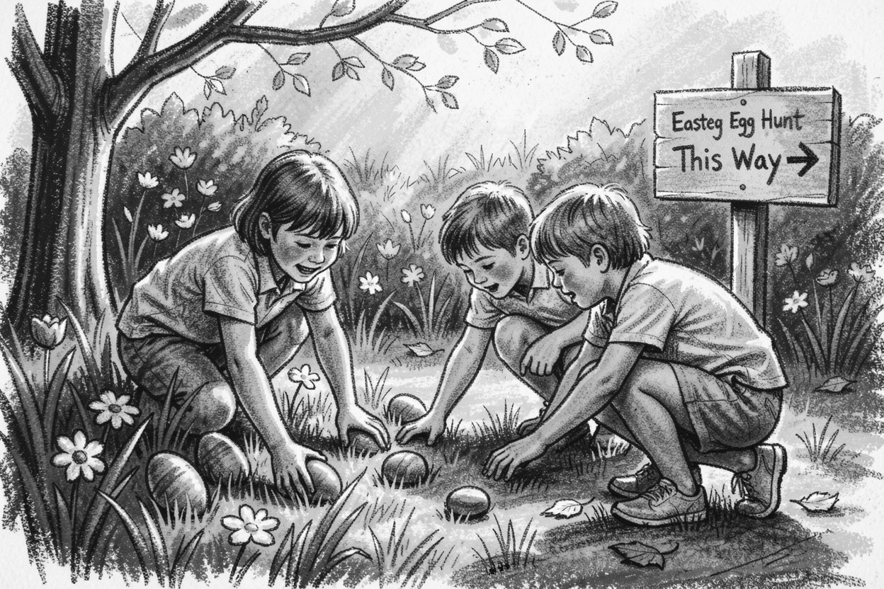 An Easter egg hunt in a sunny spring garden, as golden afternoon sun spills across the scene.