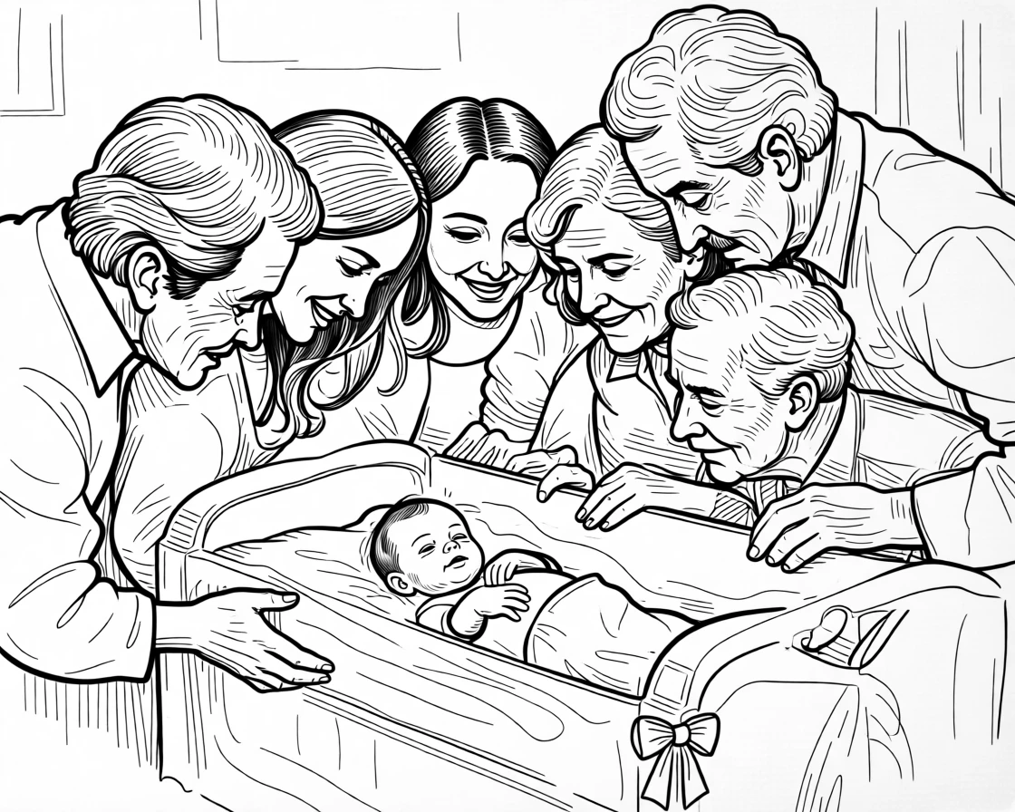 A joyful celebration of a new baby with family gathered around a bassinet.