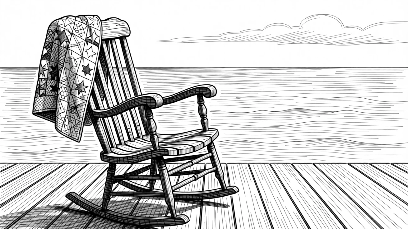 A rocking chair on a porch overlooking the sea beneath a sky painted in soft pastel hues, with a folded quilt with hand-stitched patterns, evoking a softly meditative sense of calm.